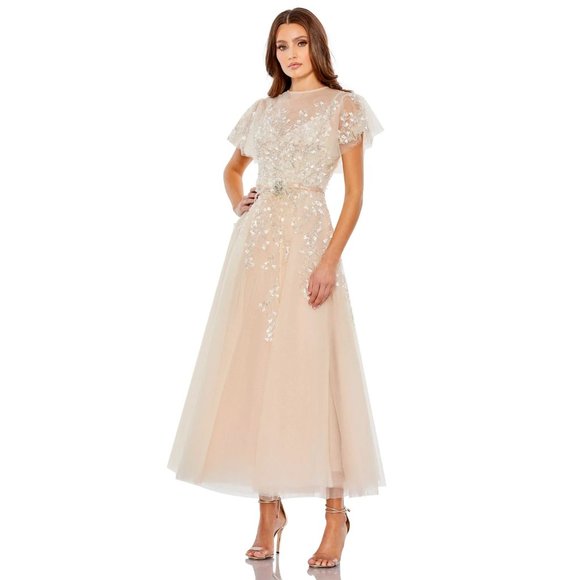 NWT MAC DUGGAL FLUTTER SLEEVE BOW WAIST A LINE DRESS NUDE 20362 $798 - Picture 2 of 7